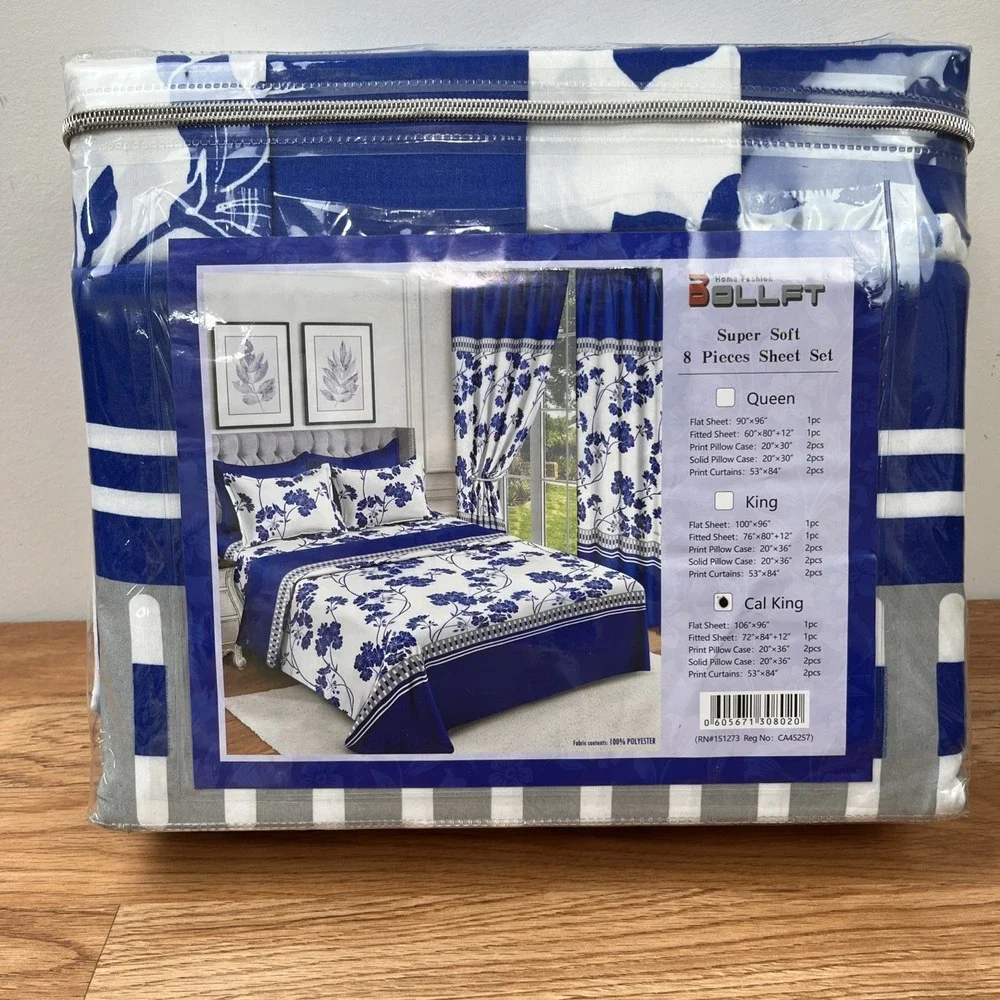 Bollft‎ 8 Piece Sheet  & Curtain Set CALIFORNIA KING Blue/White Floral NEW